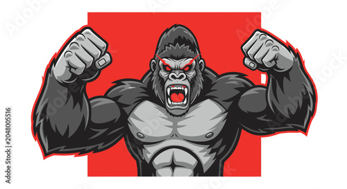 Canvas Print Cartoon gorilla flexing muscles aggressively strong.