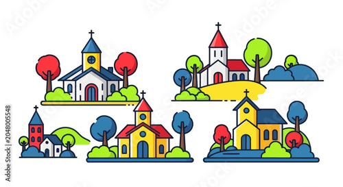 Bild auf Leinwand Colorful cartoon church buildings group.