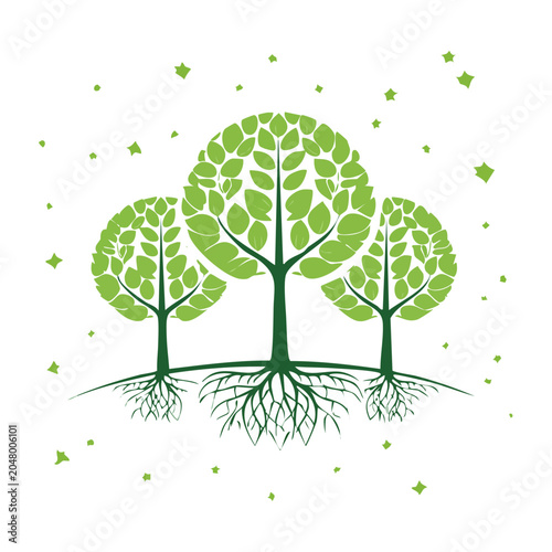 Stylized green trees with visible roots and leaves