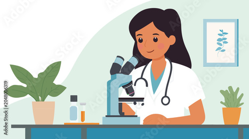 Female scientist observing specimens through a microscope in a lab