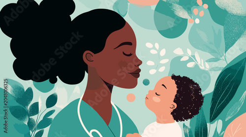 Mother and child in lush botanical setting, tender moment