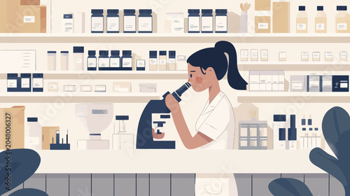 Female scientist examining samples through a microscope in lab