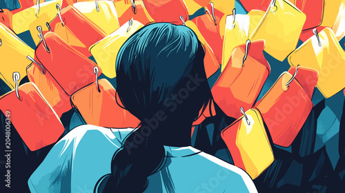 Person with dark hair looking at colorful hanging shopping bags