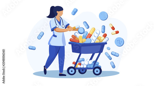 Medical professional with a cart of colorful pills, no watermarks