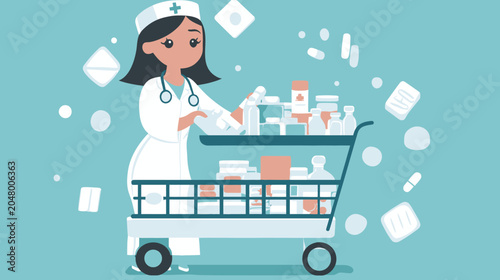Cartoon nurse with stethoscope and nursing cart filled with medicine bottles