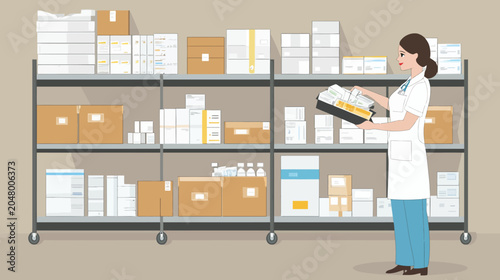 Female healthcare worker inspecting medical supplies on a metal shelving unit