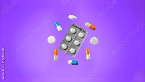 A top view studio flat lay of various medical capsules, round white tablets, and a silver blister pack scattered on a solid purple background. This static pharmaceutical layout is ideal for healthcare
