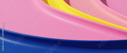 Abstract curved layers of pink, yellow, and blue form a smooth, glossy surface. Use: graphic design background, product display, abstract art.