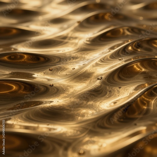 Abstract golden liquid surface with dynamic waves and small bubbles. Use: luxury branding, cosmetic product, beverage.