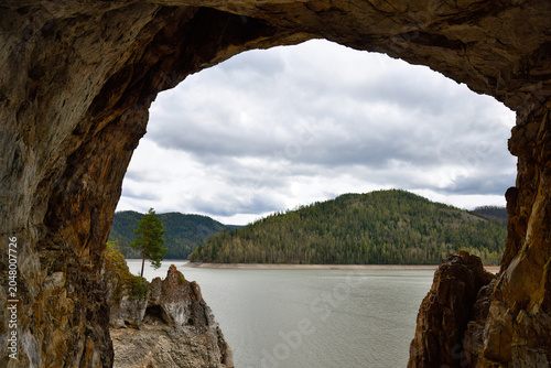 Photography Tsar's Gate stone arch. Krasnoyarsk reservoir. Siberia, Russia