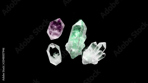 A collection of glowing green quartz crystals and a purple amethyst specimen float elegantly against a dark night backdrop. This translucent 3D animation captures geological beauty, spiritual healing 