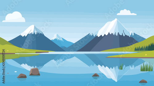 Tranquil alpine landscape with snowy peaks, green hills, and a mirrored lake....