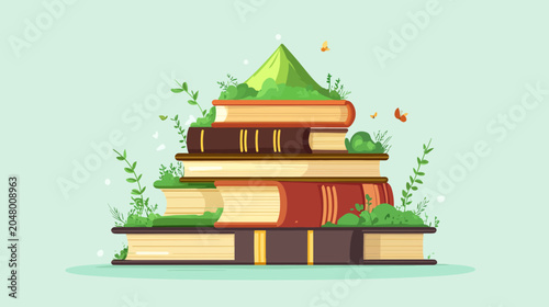 Illustration of stacked books with lush greenery and butterflies on a light green background