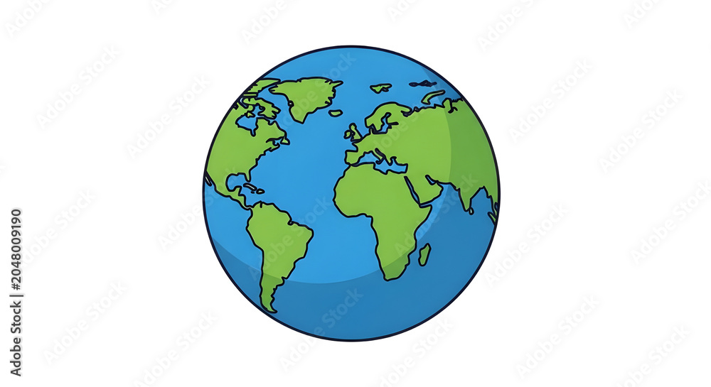 Fototapeta premium Minimalist planet earth illustration, stylized globe icon with green continents and blue oceans, simple world map graphic on white background