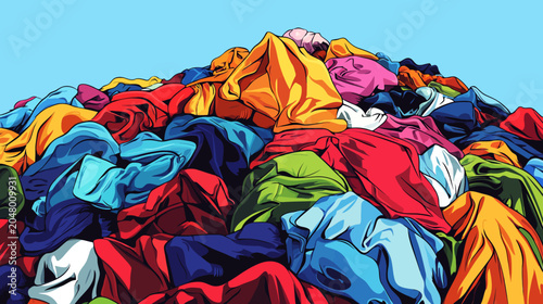 A vibrant pile of wrinkled clothes in warm, bright colors against a clear blue sky, creating a playful, textured pattern