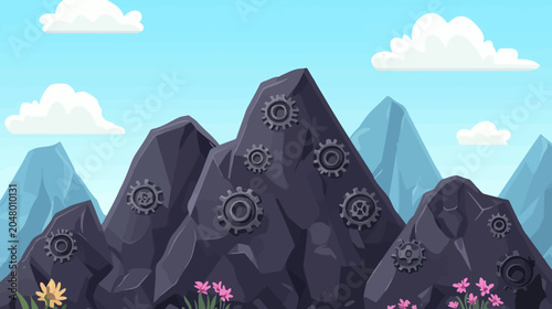 Jagged dark mountains embedded with metallic gears