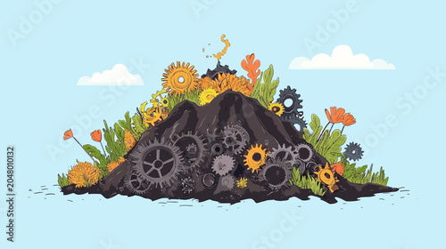 Mount of dark soil hosts woven gears and bright wildflowers beneath blue big sky