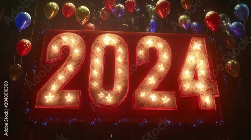 Illuminated 2024 sign with colorful balloons and fireworks, celebrating the new year.