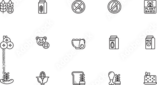 Dietary Restrictions, Vegan, and Allergen-Free Food Line Icons