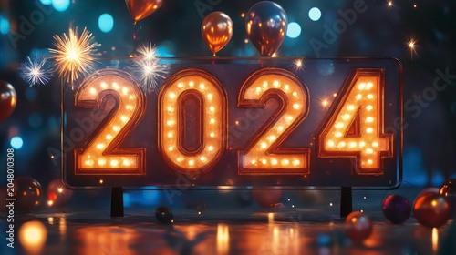 Illuminated 2024 sign with sparklers and balloons, celebrating New Year's Eve.