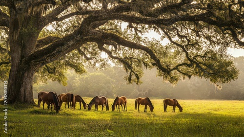 Horses graze peacefully under a large oak tree in a sun-drenched pasture.