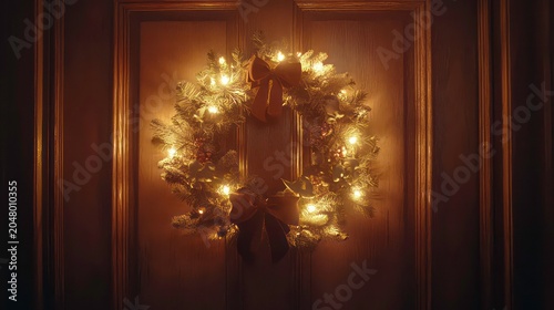 A holiday wreath with soft glowing lights and delicate bows on a wooden door.