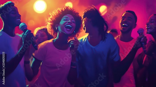 Joyful group of friends singing karaoke, illuminated by colorful stage lights, enjoying a fun night out.