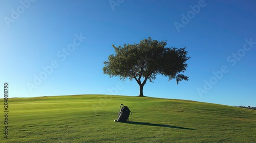 A golf club bag resting by a green under a bright blue sky.