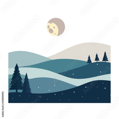 Flat design winter landscape with moon and pine trees