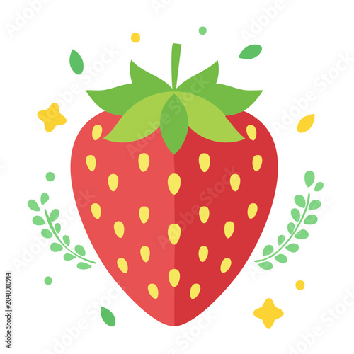 Flat Design Strawberry Illustration with Leaves and Stars