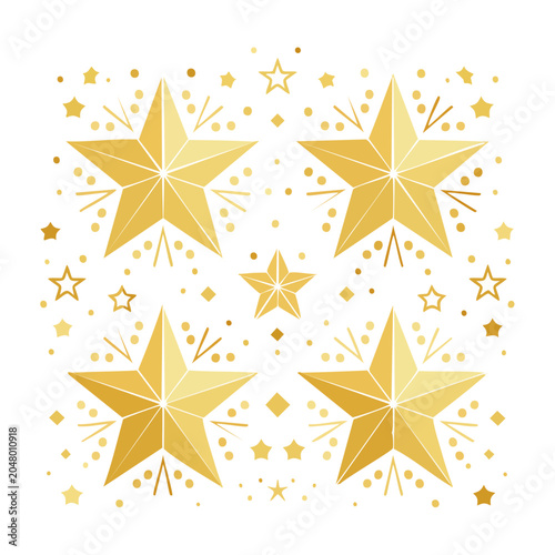 Golden stars and confetti pattern on white background