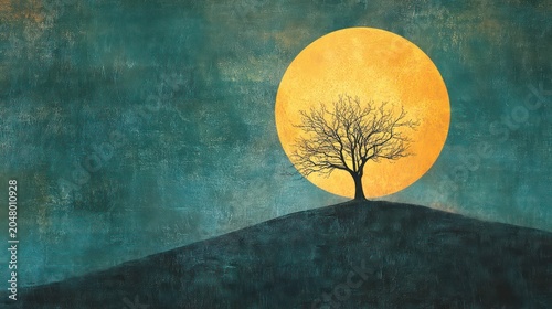 Lone tree silhouette on hill against large, orange moon.