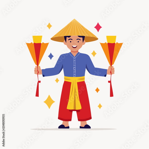 Man in Traditional Asian Attire with Fans and Conical Hat