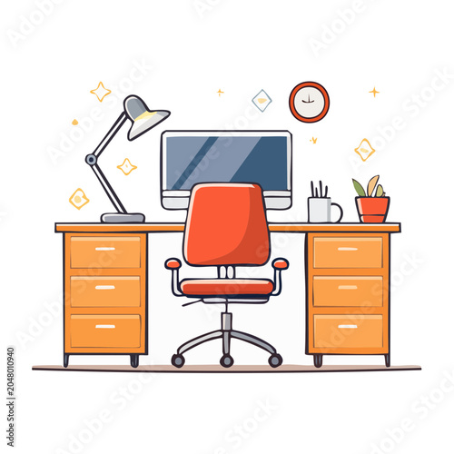 Modern home office desk with computer and chair