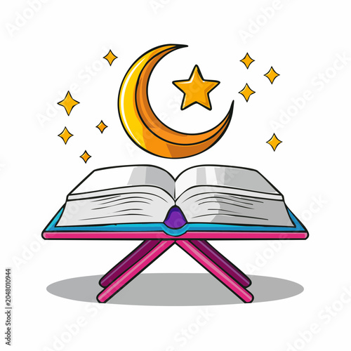 Open Book with Crescent Moon and Stars
