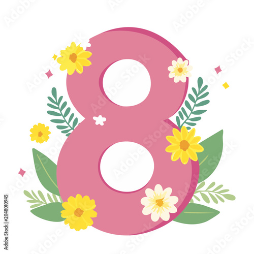 Pink Number 8 decorated with yellow and white flowers and green leaves