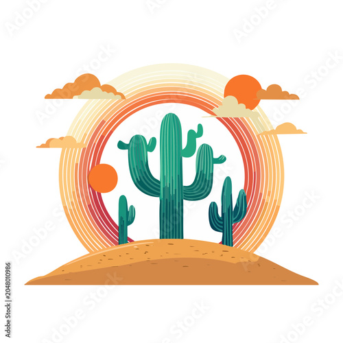 Stylized desert landscape with saguaro cactus and sun