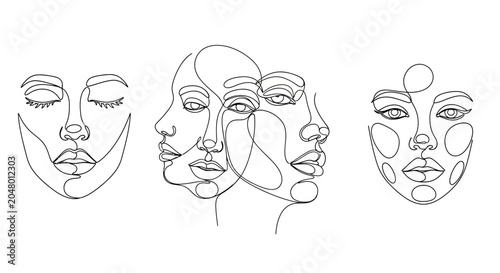 Minimalist face line art, abstract human faces, continuous line drawing, modern illustration set