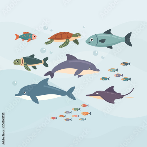Photography Various marine animals swim together in the ocean with bubbles around them