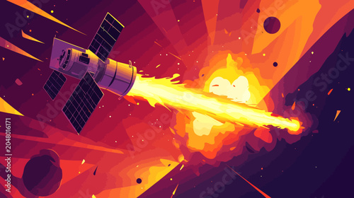 Spacecraft-ray explosion amidst debris and planets in deep space