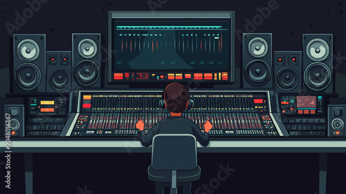 Digital audio workstation with a person mixing sound in dark studio