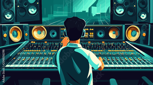 Modern DJ at mixing console in vibrant concert venue