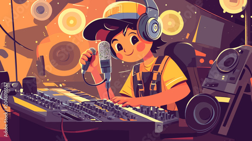 Young DJ girl with headphones mixing music on turntables, happy expression