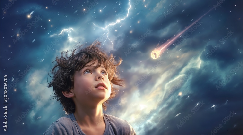 Obraz premium Astonished school-aged boy looking at falling meteor and lightning in night sky. Dreamy fantasy scene of childhood wonder and astronomy.