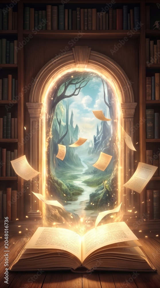 Obraz premium Glowing open book on wooden table revealing a magical portal to a mountain landscape. Fantasy library with flying pages and enchanted gateway.