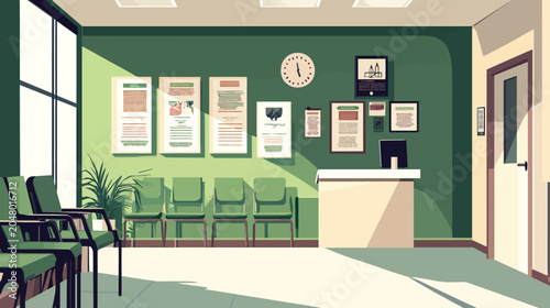 Medical waiting room with green wall, chairs, posters, clock