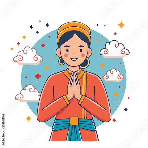Woman in Traditional Attire Greeting