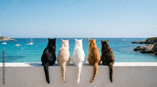 Foto Four cats gazing at turquoise mediterranean sea view