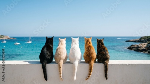 Slika na platnu Four cats gazing at turquoise mediterranean sea view