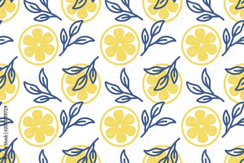Hand-drawn lemon slices and blue branches seamless pattern on white background. Raster illustration for summer packaging and branding.